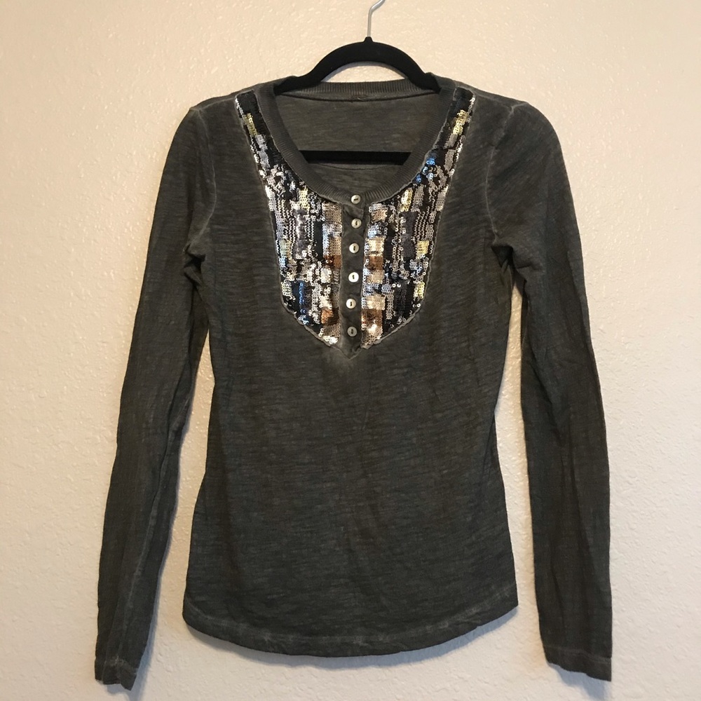 Free People Tiger Eyes Long Sleeve Sequin Henley